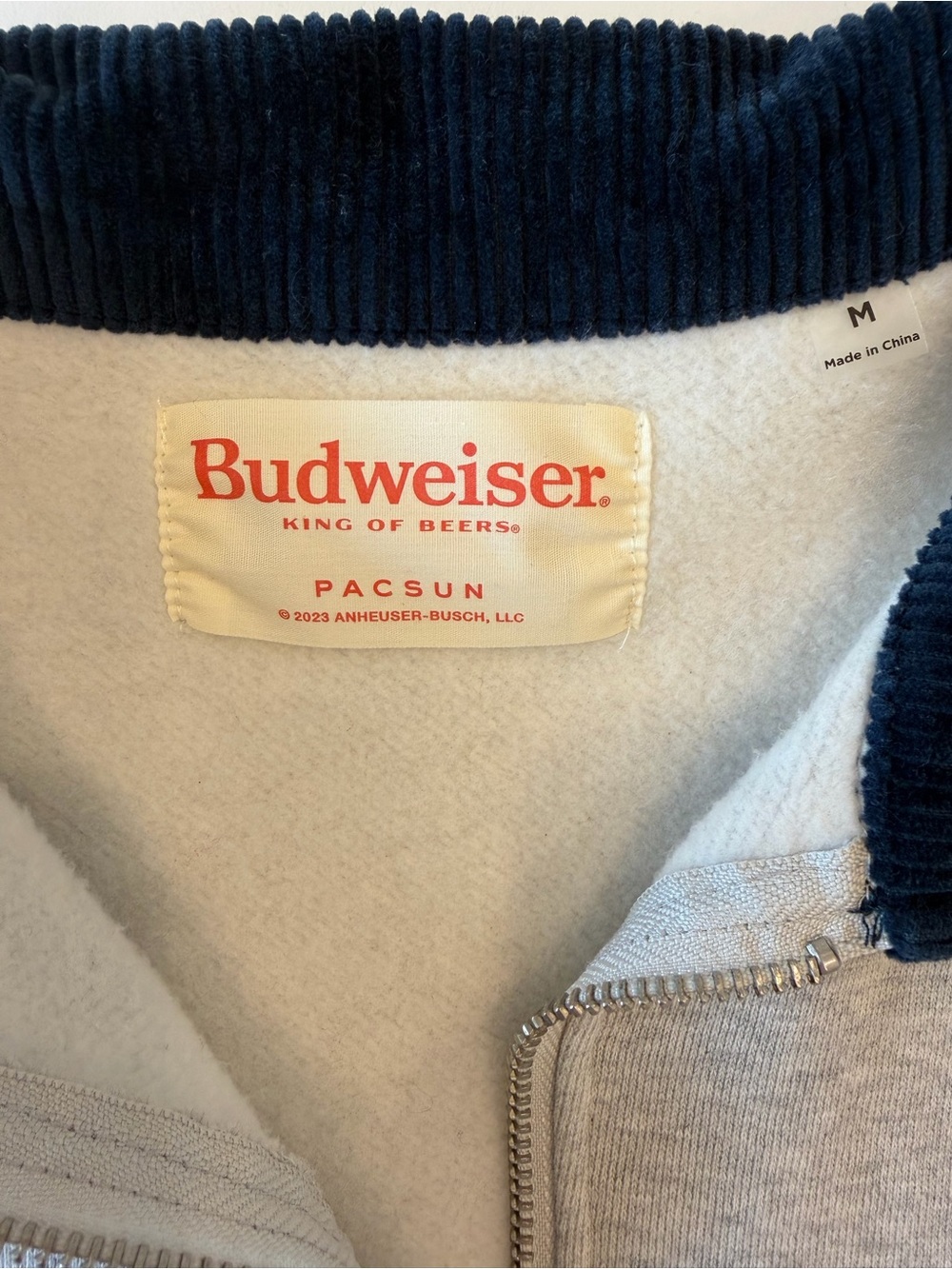 PacSun Budweiser Grey Quarter-Zip Sweater with Navy Collar - Picture 3 of 9